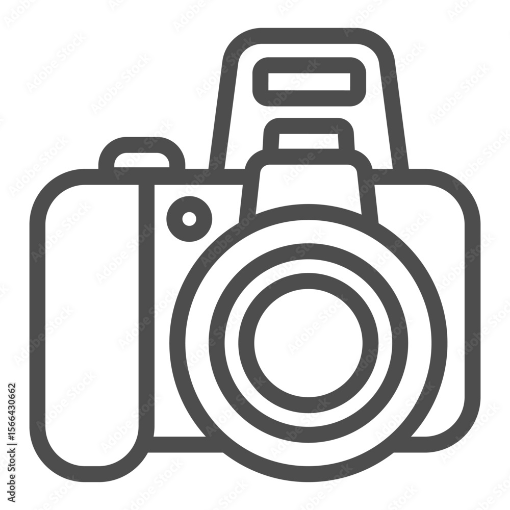 Poster camera with objective and flash line icon, optical equipment concept. vector graphics. photo camera 