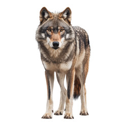 Wolf standing isolated with piercing gaze on a clean Transparent background in a studio setting, wolf standing isolated on PNG background
