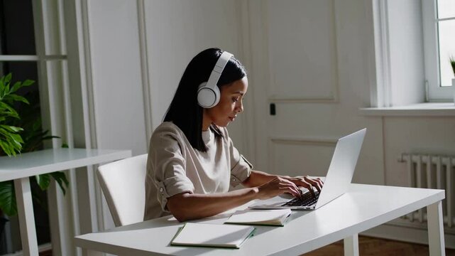 femme travaillant sur ordinateur avec casque