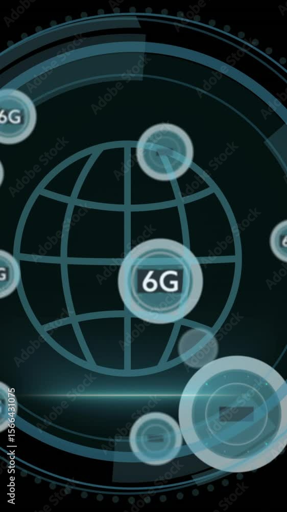 Poster animation of 6g over globe with scope scanning on black background