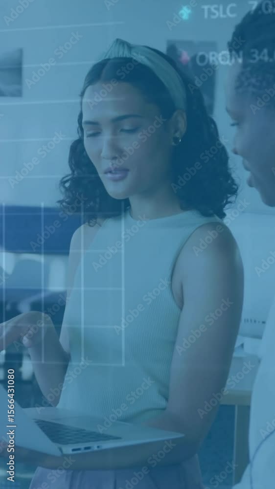 Poster animation of financial data processing over diverse colleagues discussing work in office
