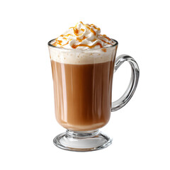 Caramel latte in a glass mug with whipped cream isolated die-cut 