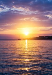 Fototapeta premium Vibrant Sunset Over Calm Ocean with Sailboat
