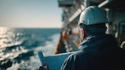 Offshore engineer examining plans at sea