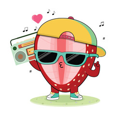Cool And Cute Colorful Strawberry Fruit Cartoon Character Illustration Enjoying Music On The Radio