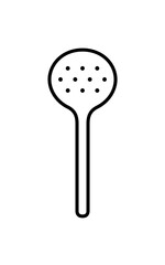 A simple line drawing of a slotted spoon, kitchen utensil.