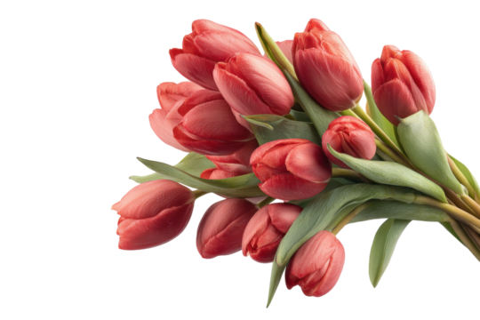 PNG Vibrant red tulip bouquet with lush green stems on black background