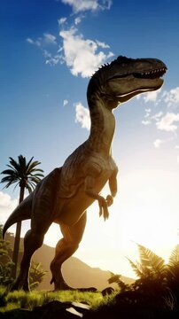 Majestic allosaurus stands tall in prehistoric landscape against a vibrant blue sky and fluffy white clouds at golden hour.