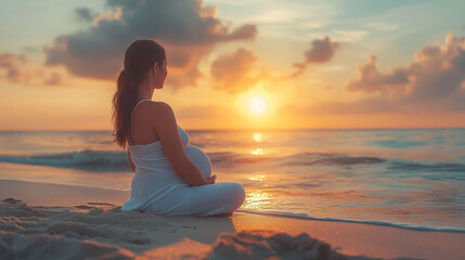 Pregnant woman enjoying sunset on a serene beach while reflecting on motherhood and the future