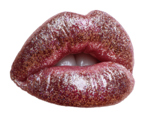 Vibrant glitter lips makeup beauty creative setup view