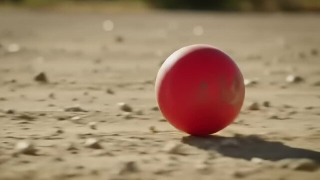A vibrant red ball rolling across a sandy terrain under a clear sky, evoking playful outdoor activities