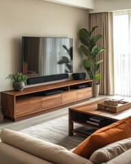 Wooden TV unit placed against a beige sofa, showcasing cozy home interior design for a modern living room, Generative AI