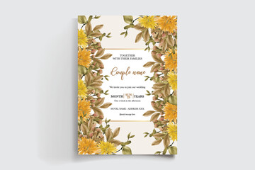 WEDDING INVITATION FRAME WITH FLOWER DECORATIONS AND FRESH LEAVES