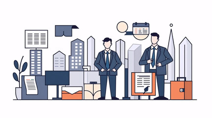 flat illustration of business people in formal suits with modern cityscape background and corporate teamwork concept