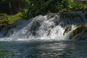 A dynamic close-up captures a powerful waterfall cascading over rocks, surrounded by lush green foliage, showcasing the vibrant motion of nature's aquatic beauty