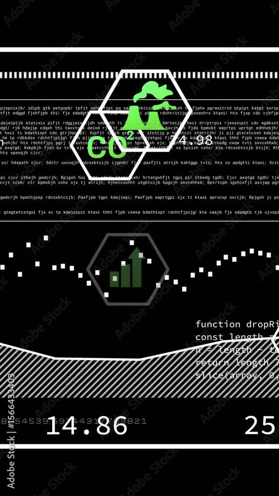 Aufkleber animation of ecology icons over data processing on black background