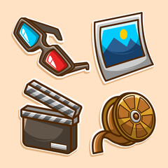 Movie-themed sticker set including 3D glasses, clapperboard, film reel, and a photograph