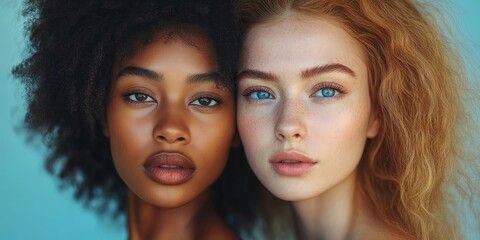 Multi-ethnic female model standing back to back, showcasing the beauty of diversity and strength through unity and collaboration, Generative AI