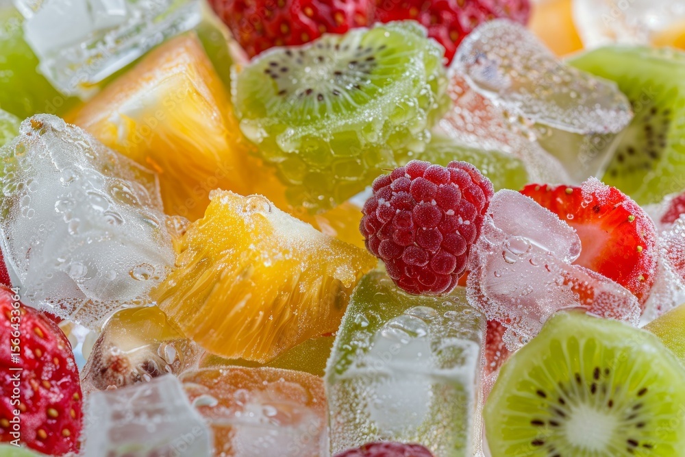 Poster slices of kiwi, orange, strawberry and raspberry mixed with ice cubes create a colorful summer backg