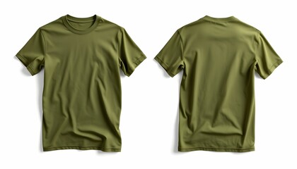 Front and back view of a plain olive green t-shirt, isolated on white.