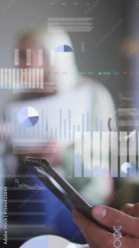 Poster animation of financial data processing over diverse colleagues discussing work in office