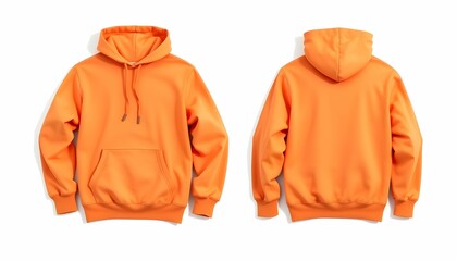 Front and back view of an orange hooded sweatshirt, laid flat on a white surface.