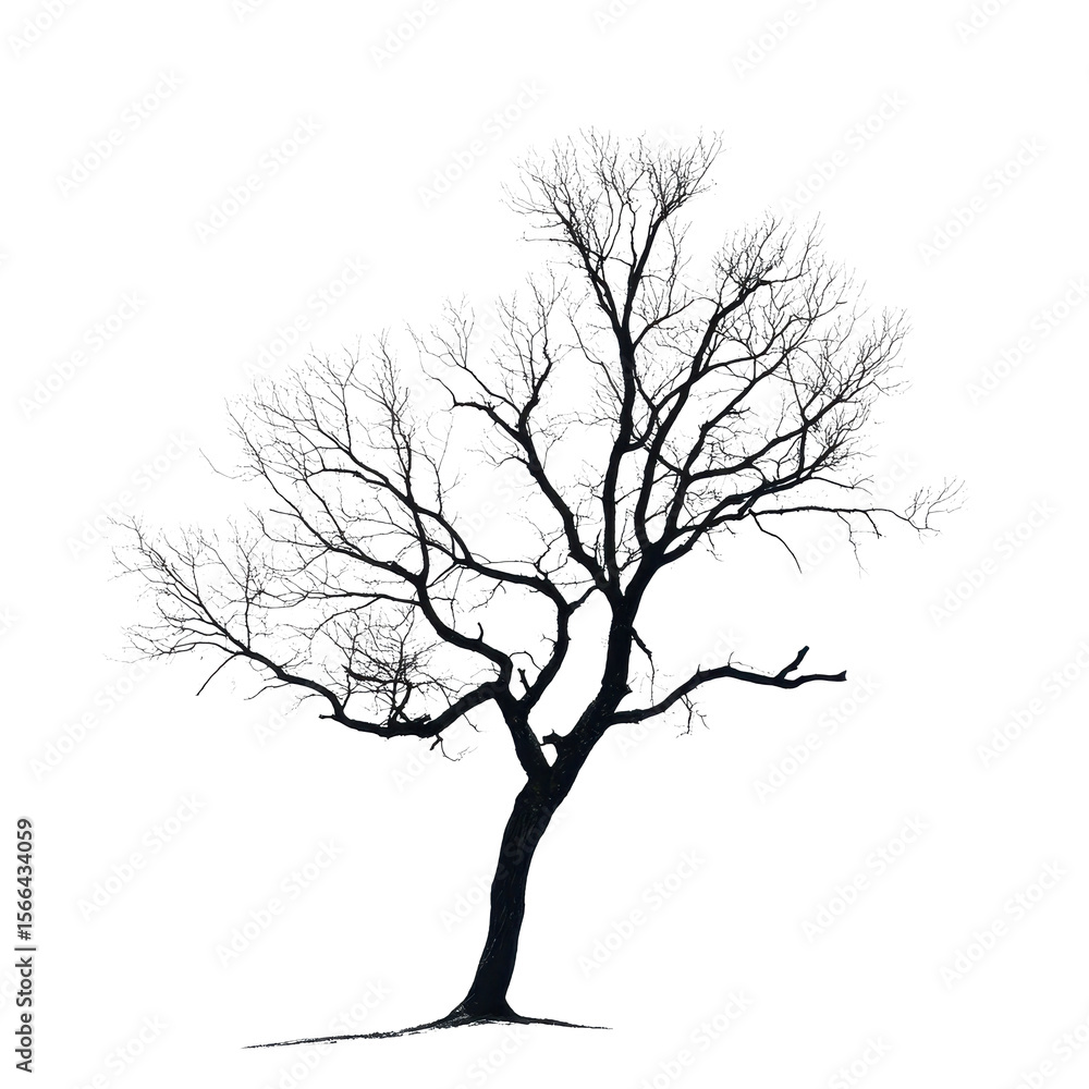 Poster leafless tree silhouette stands alone against a stark white backdrop in a minimalist composition, is
