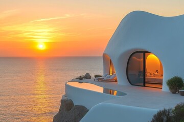 Exterior of a modern luxury minimalist white villa, positioned on a cliff by the sea at sunset, with round curved shapes, Generative AI