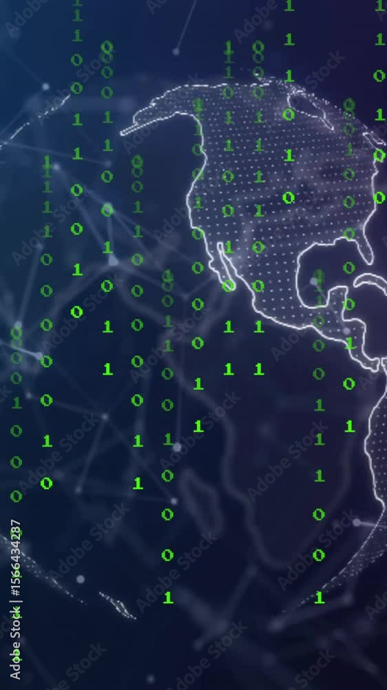 Poster animation of data processing over globe and network of connections on black background