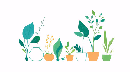 minimal flat illustration of indoor houseplants and green foliage in modern pots with nature and eco-friendly concept