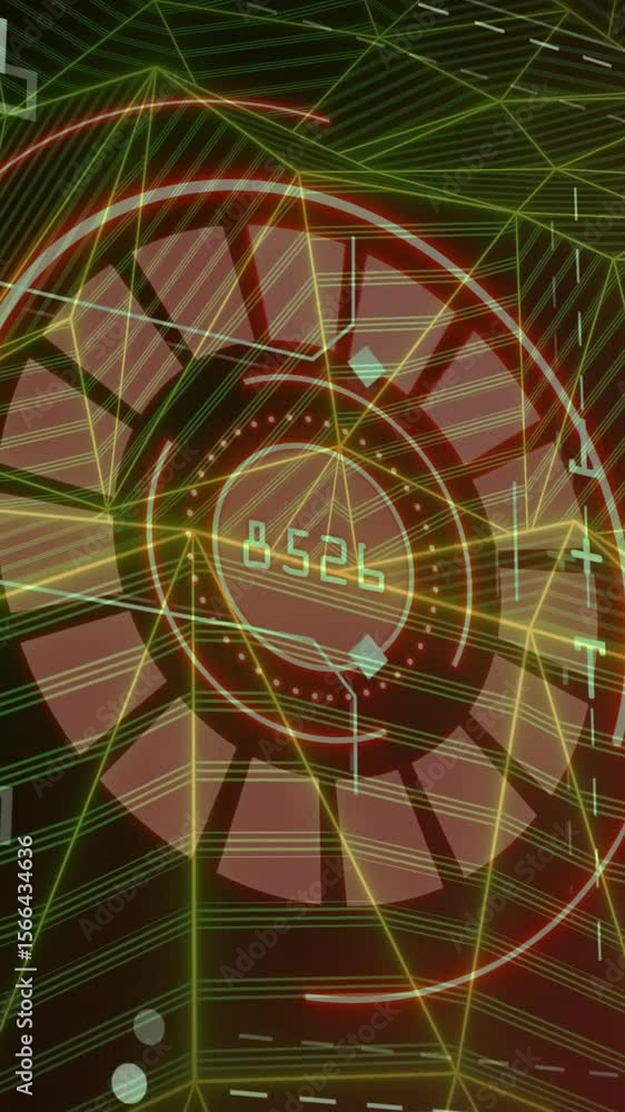 Poster Animation of network of connections over scope scanning with data processing on black background