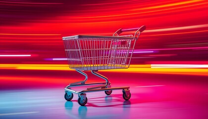 A shopping cart is illuminated by vibrant red and blue light trails, creating a dynamic abstract effect.