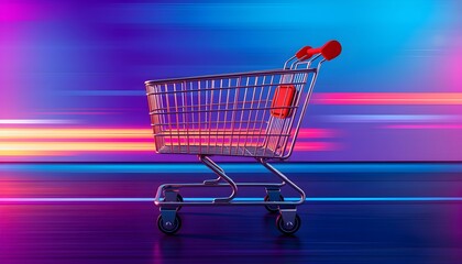 Empty shopping cart on a vibrant, blurred background, suggesting speed and modern shopping experience.
