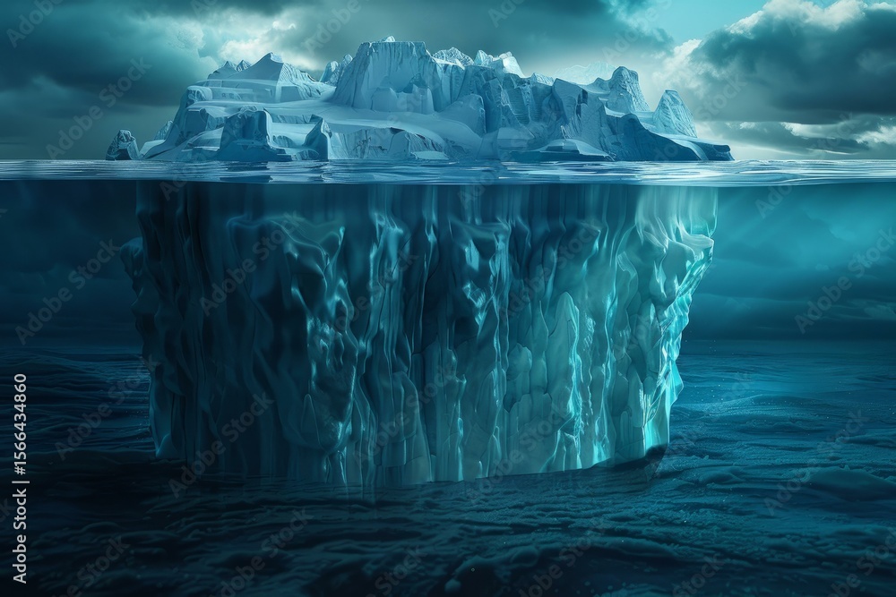 Poster large iceberg floating in the ocean, showing the tip and the submerged part