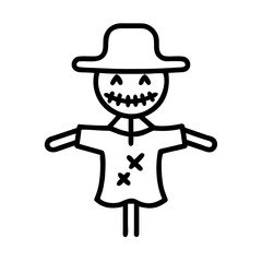 Stitched-Face Scarecrow Halloween Icon, Autumn Decoration, Farm Graphic, Vector Illustration, Line Art Design