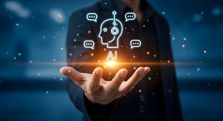 Obraz premium Person holding glowing AI head with chat bubbles, symbolizing artificial intelligence communication and technology insight.