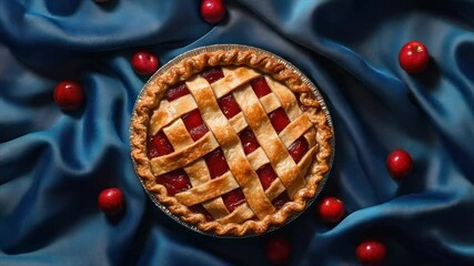 A lattice-top cherry pie rests on blue silk, surrounded by fresh cherries - Powered by Adobe