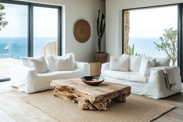 Rustic root coffee table positioned near a white sofa and armchair, set against a Mediterranean-style home interior design for a modern living room with a sea view, Generative AI