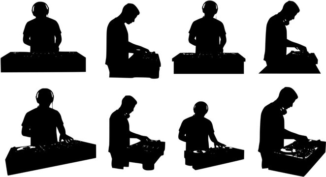 Silhouette of DJ mixing music on turntables. Clipart image isolated on background.
