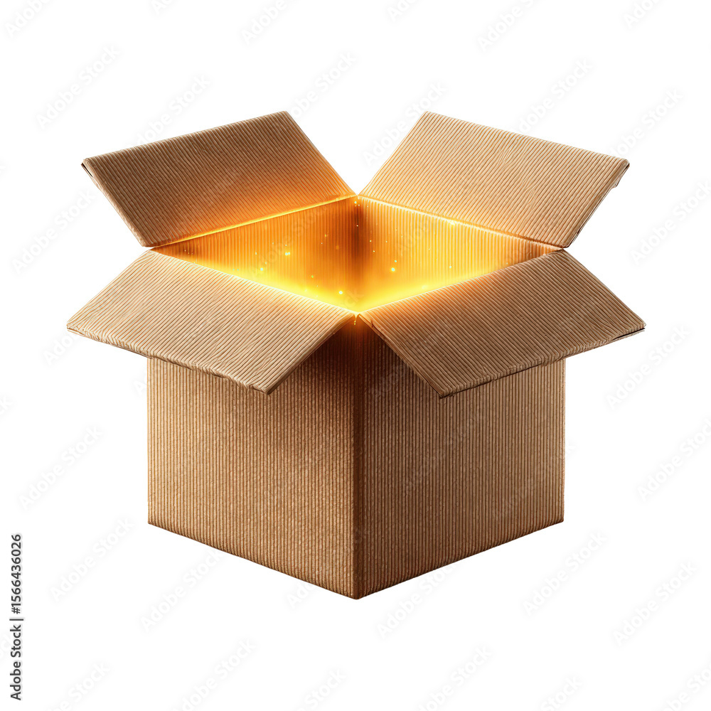 Poster open box with glowing light and magical sparkles inside