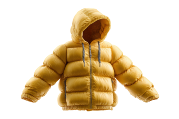 PNG Yellow puffer jacket with hood isolated on black background