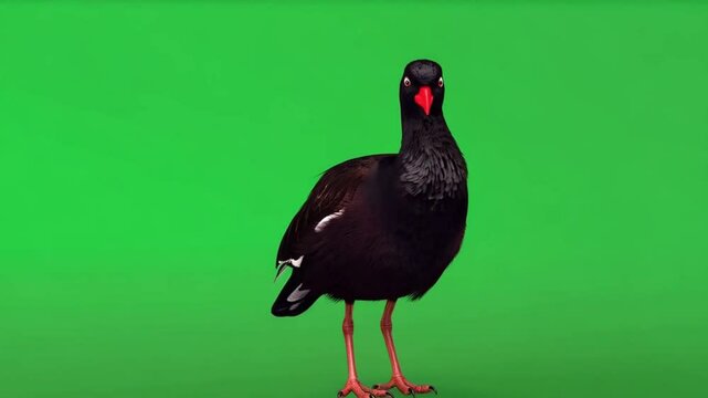 A pūkeko bird standing upright on a green screen with red beak and legs and black feathers body color green screen bird video
