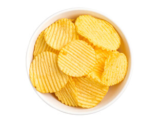 Crispy potato chips in a white bowl.