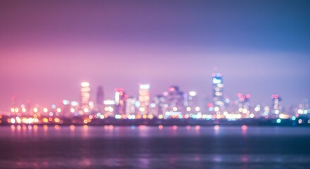 Abstract Cityscape at Dusk: Bokeh Lights Reflecting on Water, Purple Hues.