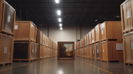 Storage facility filled with wooden crates, showcasing a large painting amidst rows of wrapped artwork during the daytime