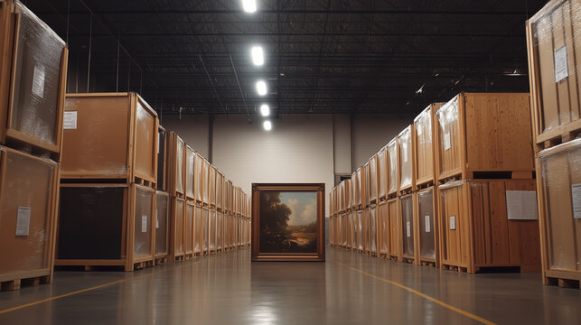 Storage facility filled with wooden crates, showcasing a large painting amidst rows of wrapped artwork during the daytime