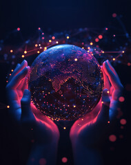 Hands Holding a Luminous Digital Globe, 빛나는 디지털 지구본을 들고 있는 손