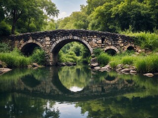 Fototapeta premium Old stone bridge crossing a calm river, lush greenery, reflection in water, daylight