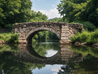 Fototapeta premium Old stone bridge crossing a calm river, lush greenery, reflection in water, daylight