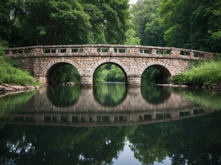 Fototapeta premium Old stone bridge crossing a calm river, lush greenery, reflection in water, daylight